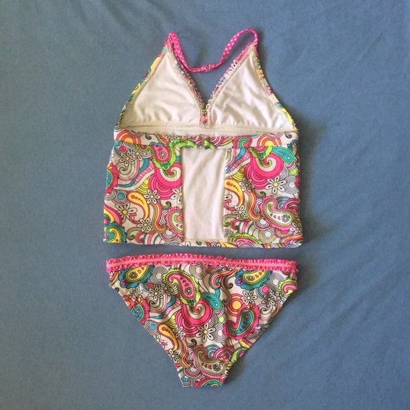 Angel Beach Size 12 Tankini Halter Clasp Color Pop Paisley Ruffle Swimsuit Girls - Picture 4 of 8